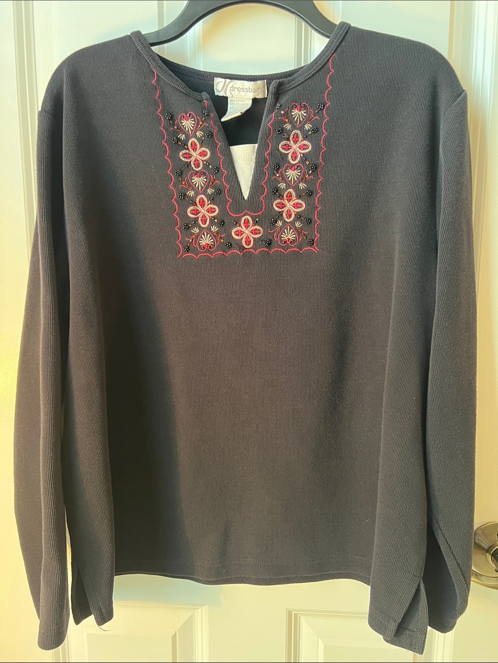 dressbarn Black Crewneck Sweater with Red Floral Embroidery